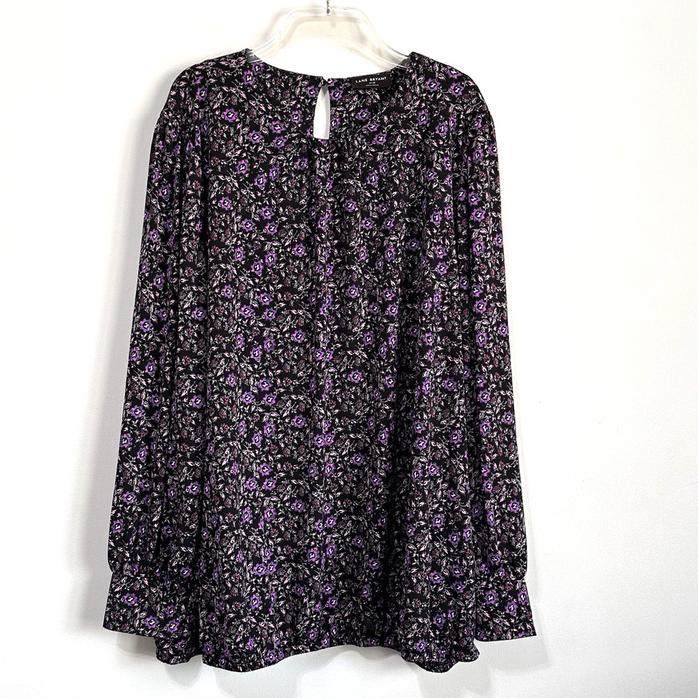Lane Bryant Relaxed Top 26/28 Plus Banded Hem Purple Floral Keyhole Long Slv NEW
